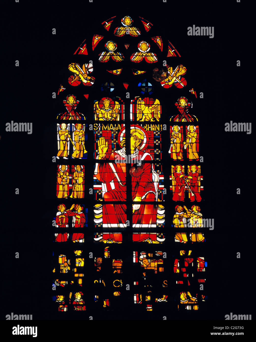 Glasmalerei, Katholische Kirche, Kirchenfenster in der Kirche Herz Jesu in Oberhausen-Sterkrade, Ruhrgebiet, Niederrhein, Nordrhein-Westfalen Stockfoto