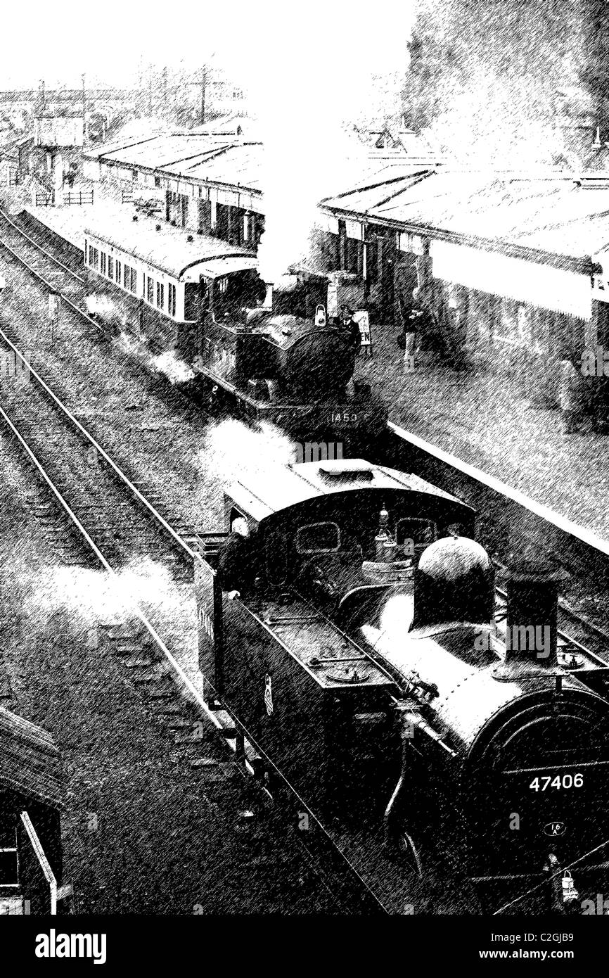 Dampflok Züge an der Great Central Railway in Loughborough Station, einschließlich der GWR-1450 wiederhergestellt Stockfoto