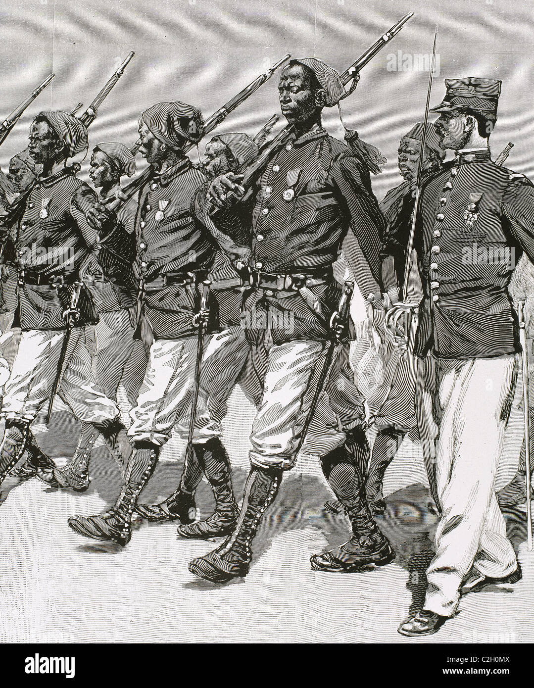 Sénégalais Vorfall (1898). Marchand Expedition. Senegalesische Soldaten mit Major Marchand. Gravur. Stockfoto