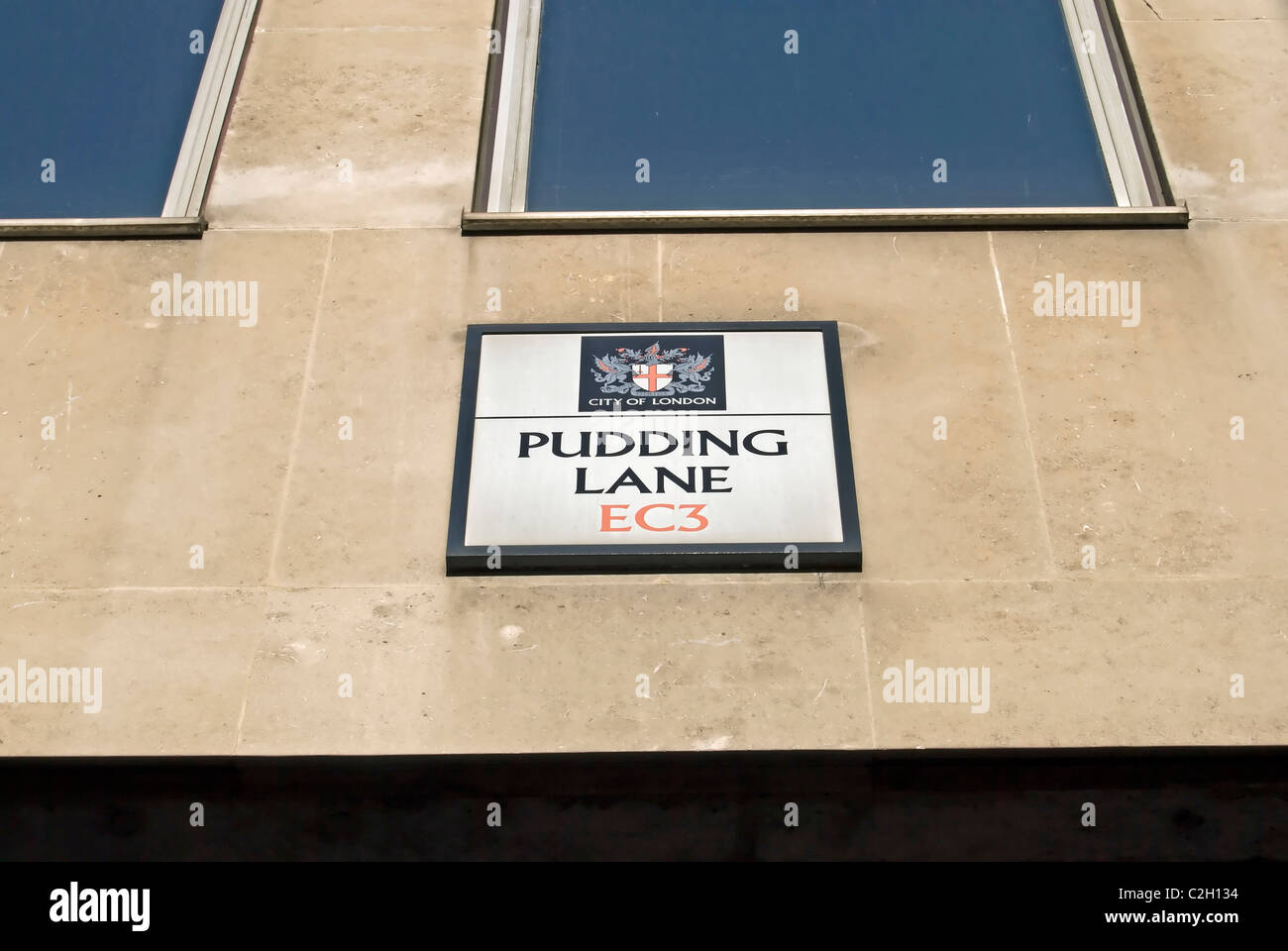 Straßenname Zeichen für Pudding Lane, Ausgangspunkt der 1666 großes Feuer von London, england Stockfoto
