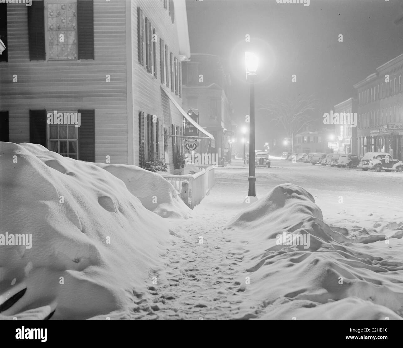 Verschneiten Nacht in Woodstock, Vermont Stockfoto