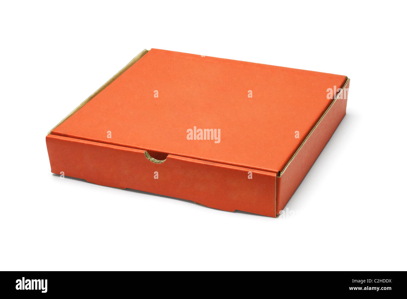 Orange Farbe Pizza Take-away-Box auf weißem Hintergrund Stockfoto