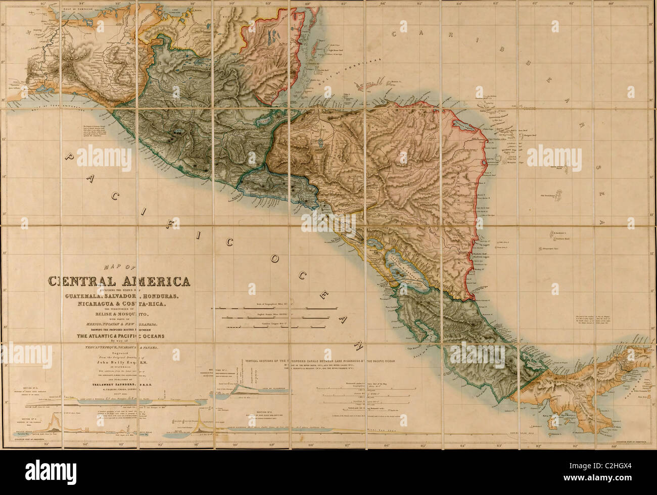 Topographische Karte von Zentralamerika - 1850 Stockfoto