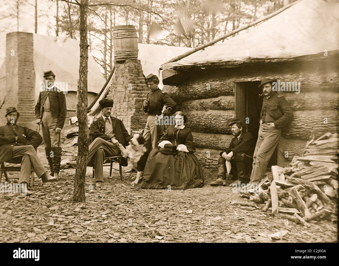 Brandy Station, Virginia Offiziere und eine Dame im Hauptquartier der 1. Brigade, Horse Artillery Stockfoto