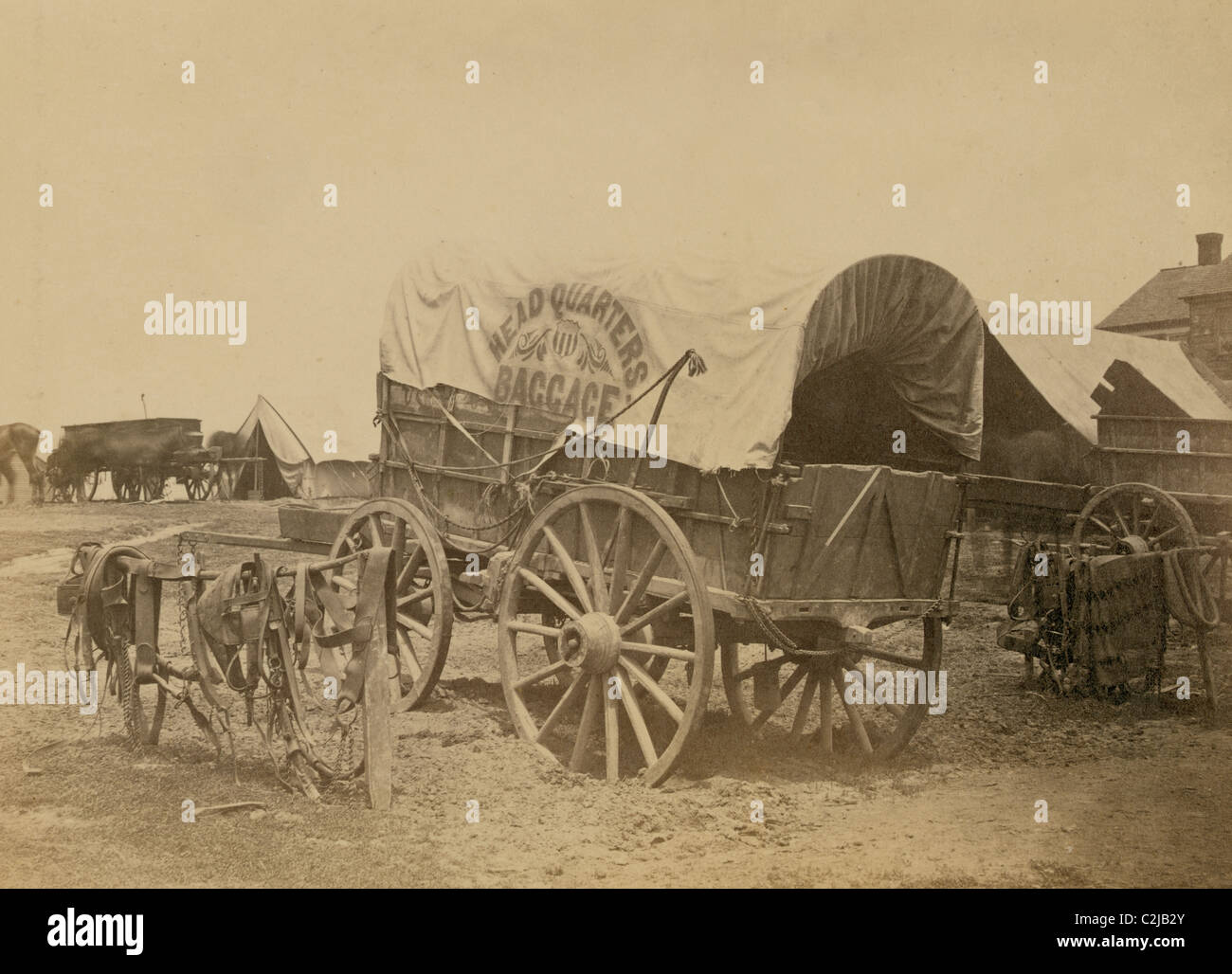 Planwagen für "Zentrale Gepäck" und Sattlerei, wahrscheinlich ein Bürgerkrieg Militärlager Stockfoto