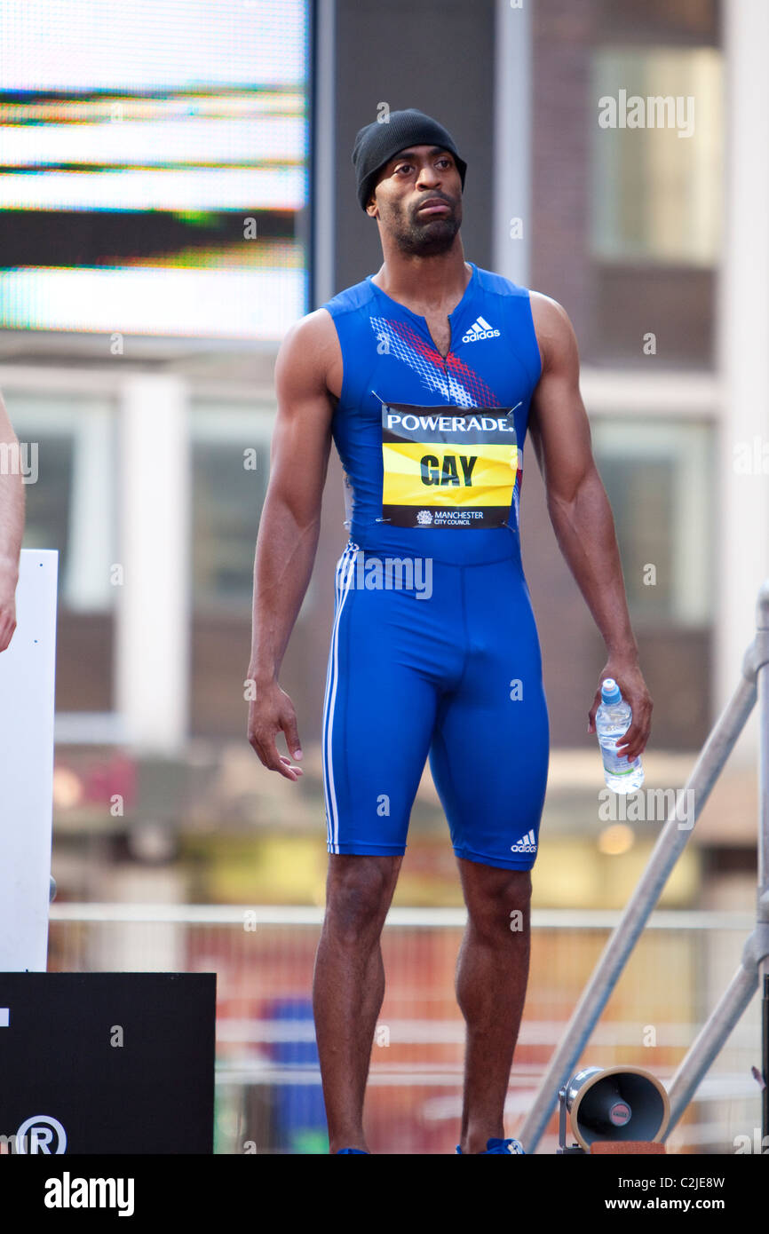 Tyson Gay aussieht konzentriert vor seinem 200m-Straßenrennen bei den Manchester Stadt Games 2010 Stockfoto