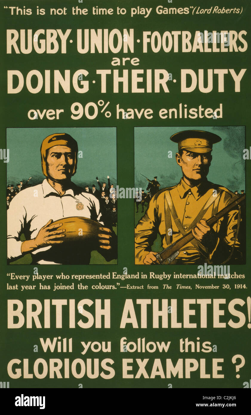 Rugby-union-Fußballer tun ihre Pflicht. Über haben 90 % eingetragen. Britischen Athleten! Folgen Sie diesem glorreichen Beispiel? Stockfoto