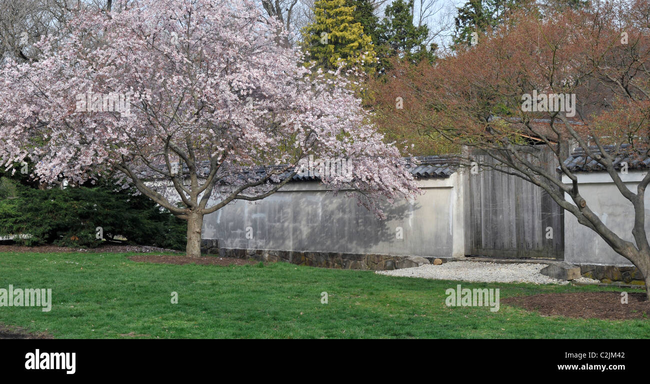 Holztor in Shofuso japanisches Haus mit Garten, Fairmount Park, Philadelphia, Pennsylvania, USA Stockfoto