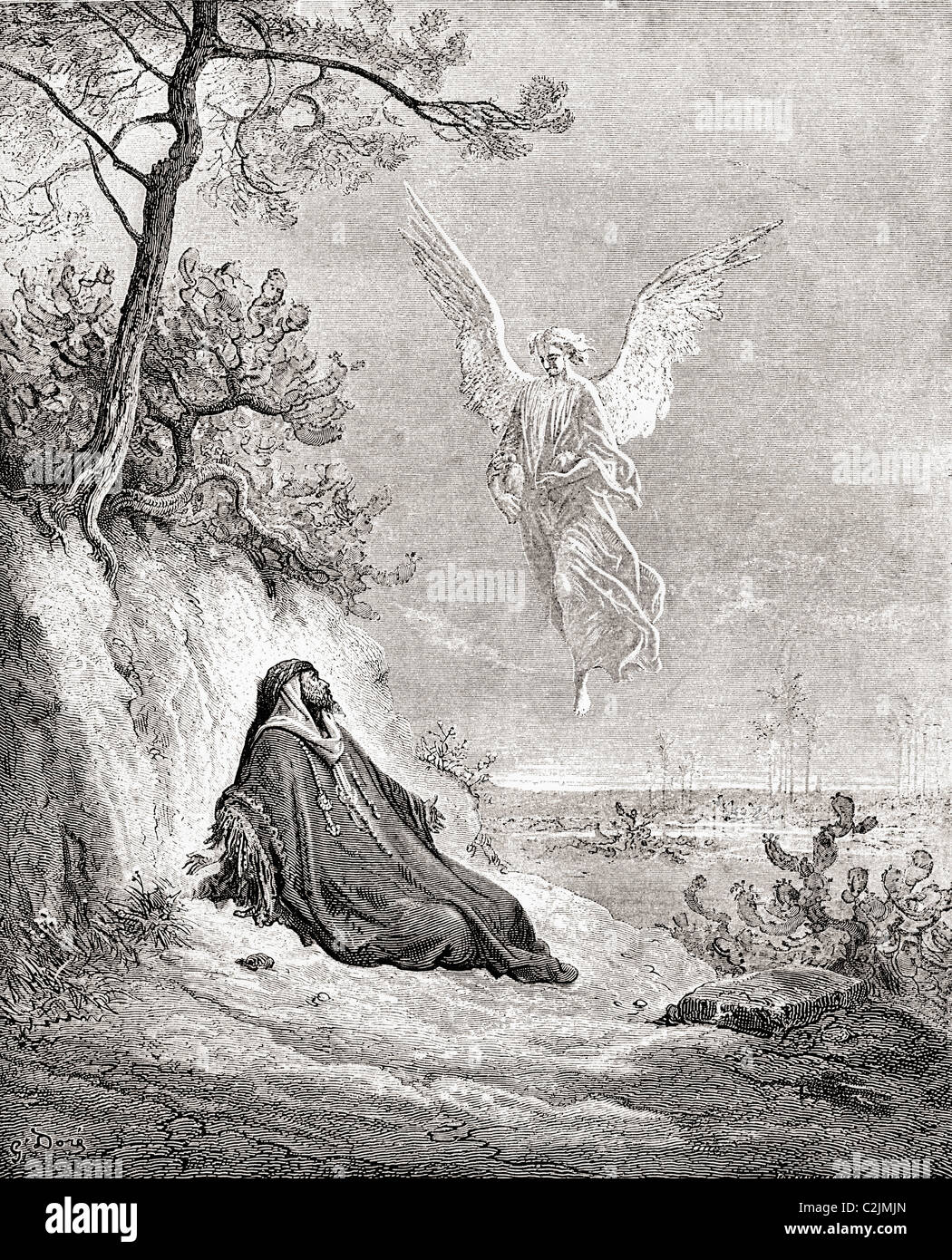 Elijah, genährt von einem Engel. Nach einer Illustration aus der Bibel von Gustave Dore. Stockfoto