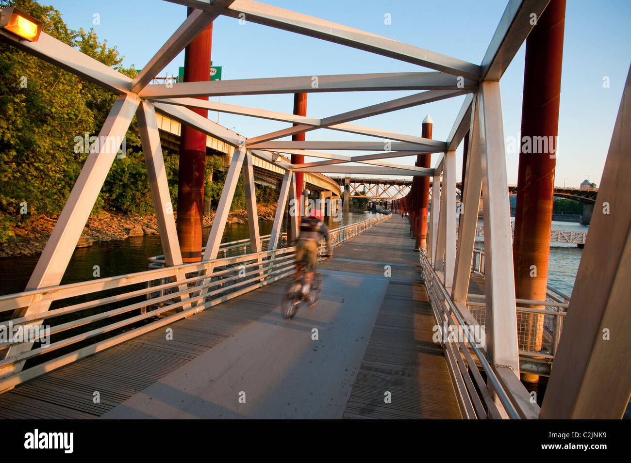 Radfahrer auf der Vera Katz Ostufer Esplanade schwimmende Gehweg entlang des Willamette River, Ostseite, Portland, Oregon, USA Stockfoto