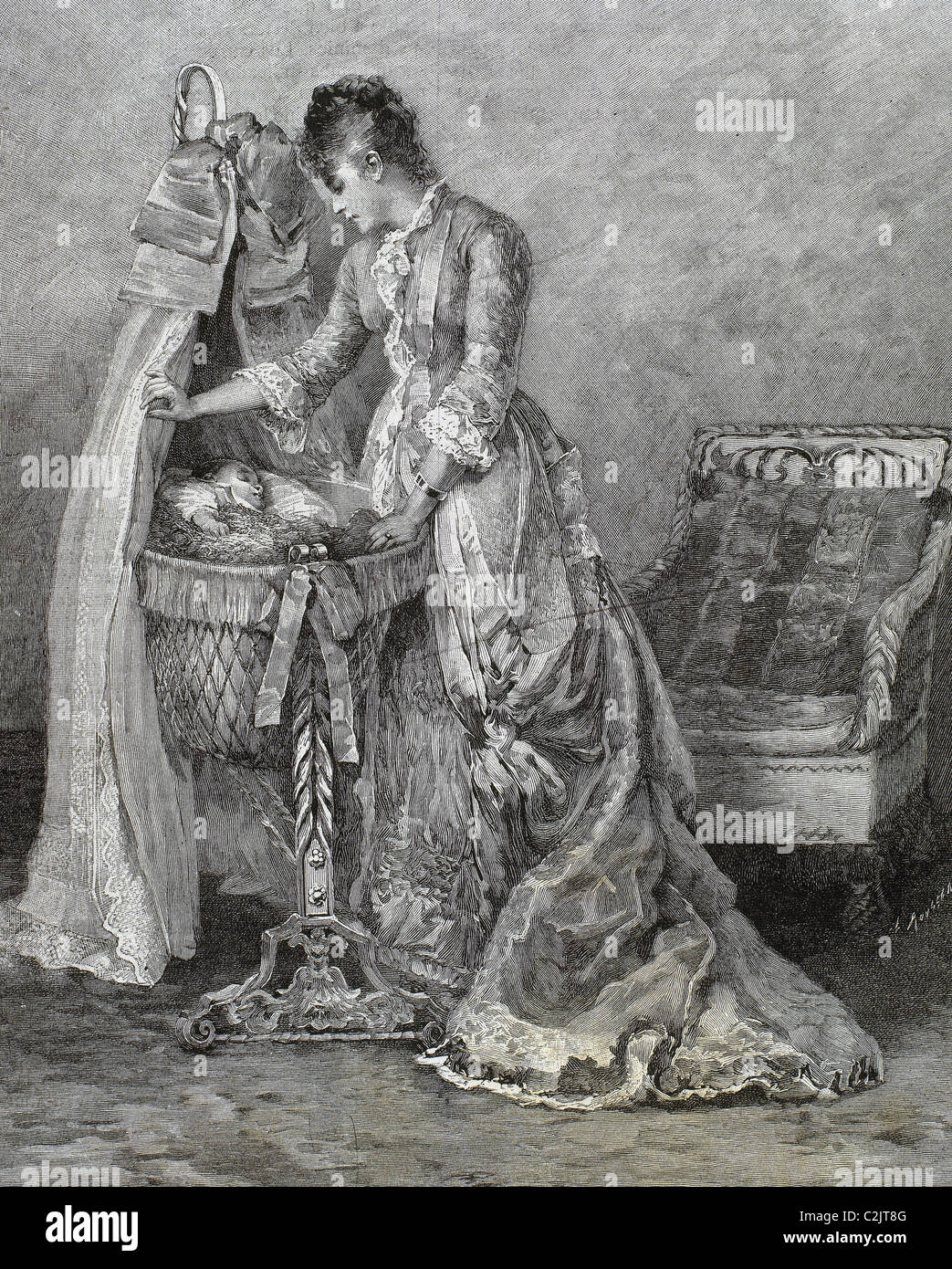 Mutter neben der Krippe ihres Sohnes. 19. Jahrhundert-Gravur. Stockfoto