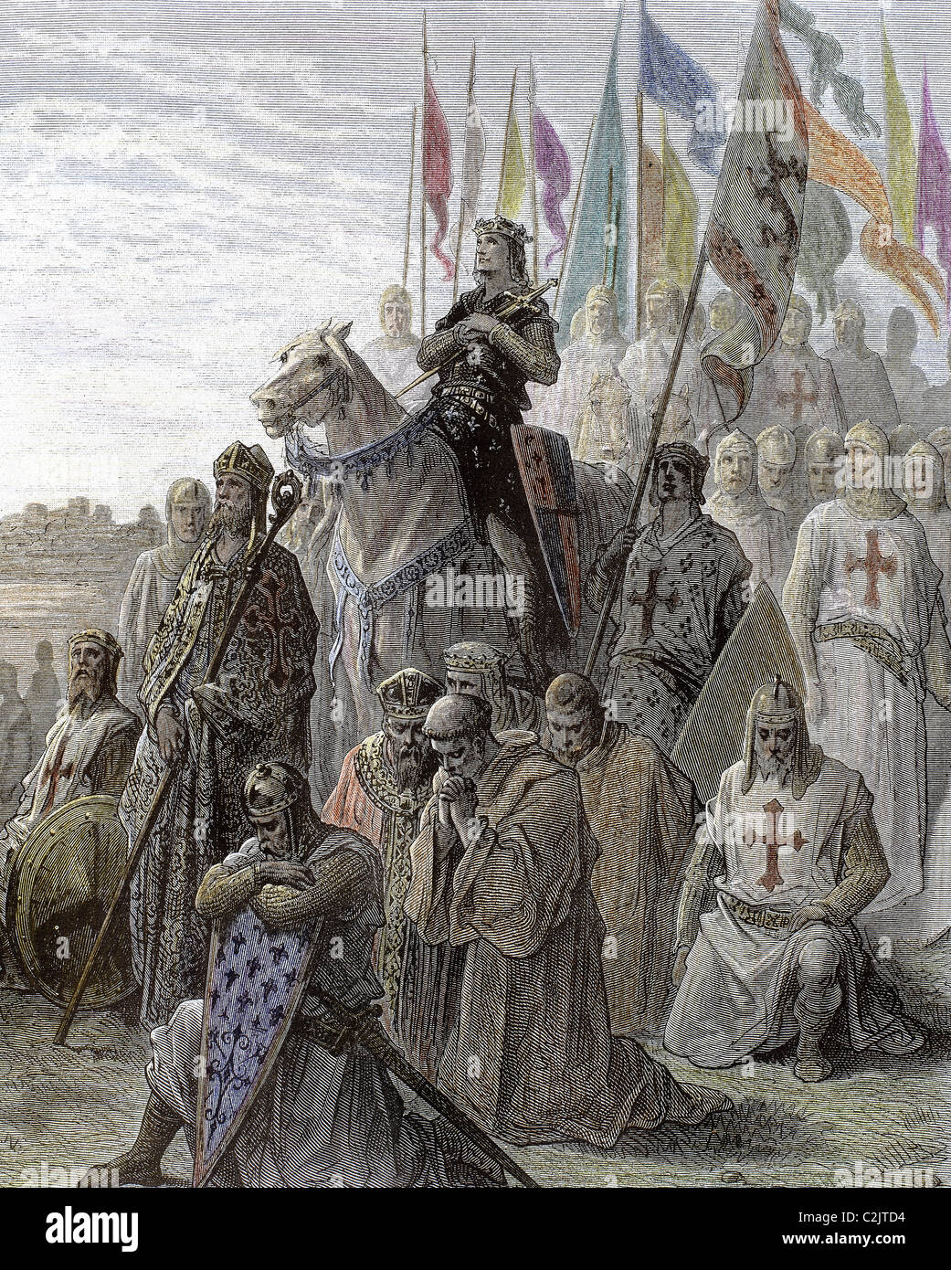 Richard I von England, bekannt als Richard Löwenherz (1157-1199). Kreuzritter zwingt beten vor dem Schlafengehen in die Schlacht. Dore. Stockfoto