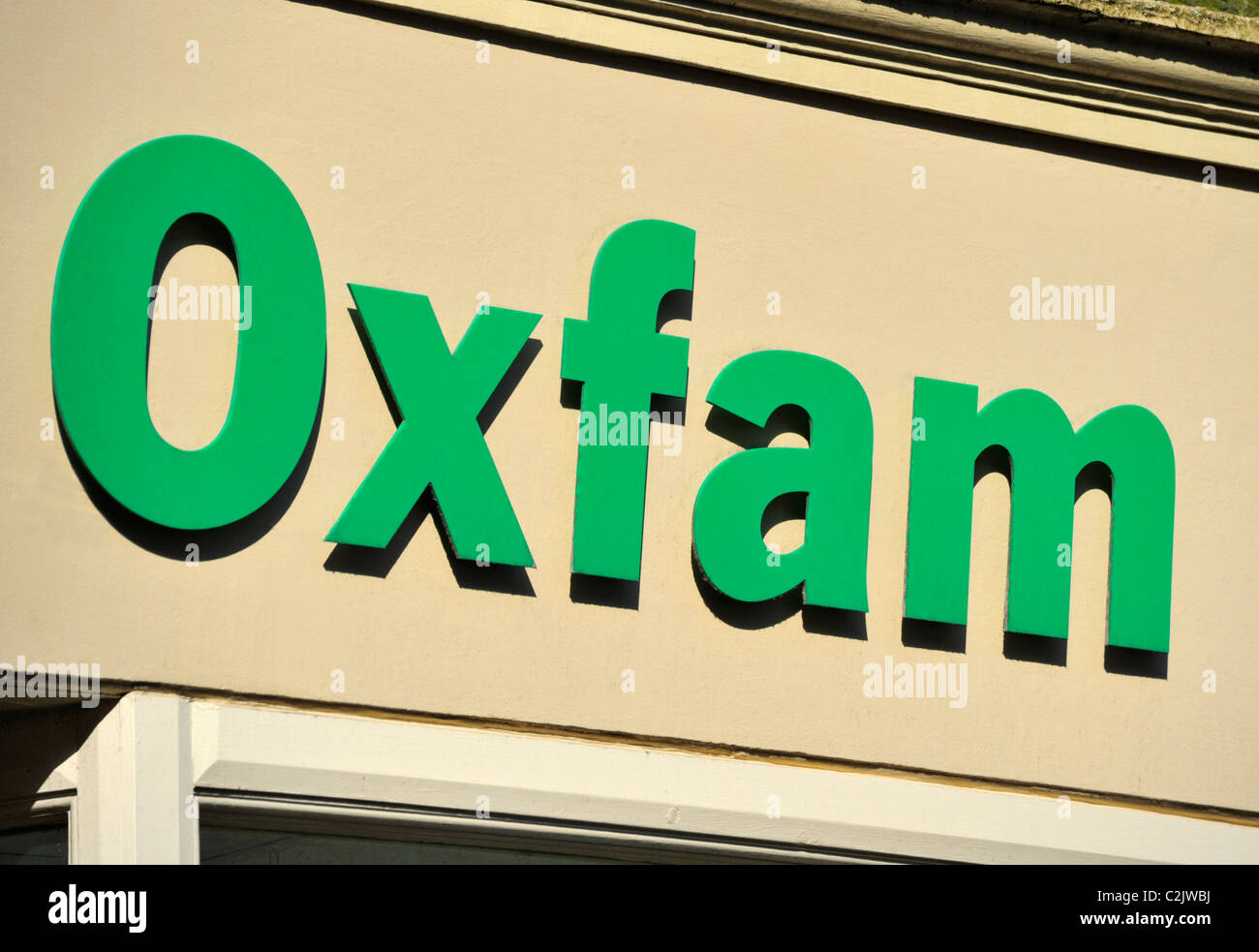 Oxfam-Buchhandlung Logo. Penny Street, Lancaster, Lancashire, England, Vereinigtes Königreich, Europa. Stockfoto