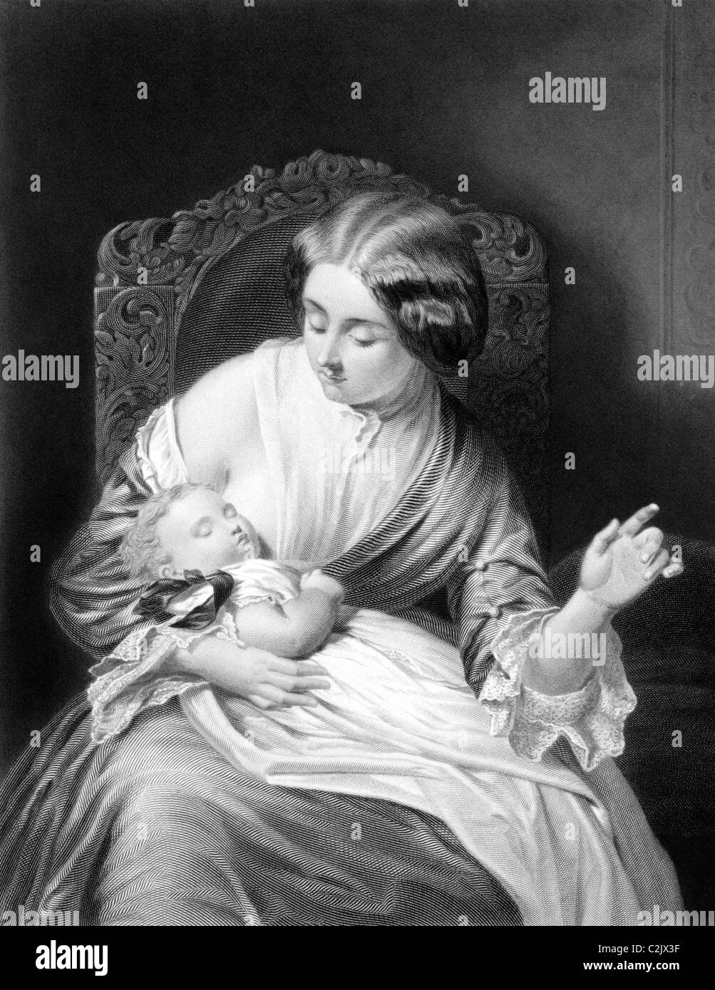 Mutter und ihr schlafendes Kind auf Kupferstich aus dem Jahr 1883. Gestochen von J.Franck nach einem Gemälde von J.H.S.Mann. Stockfoto