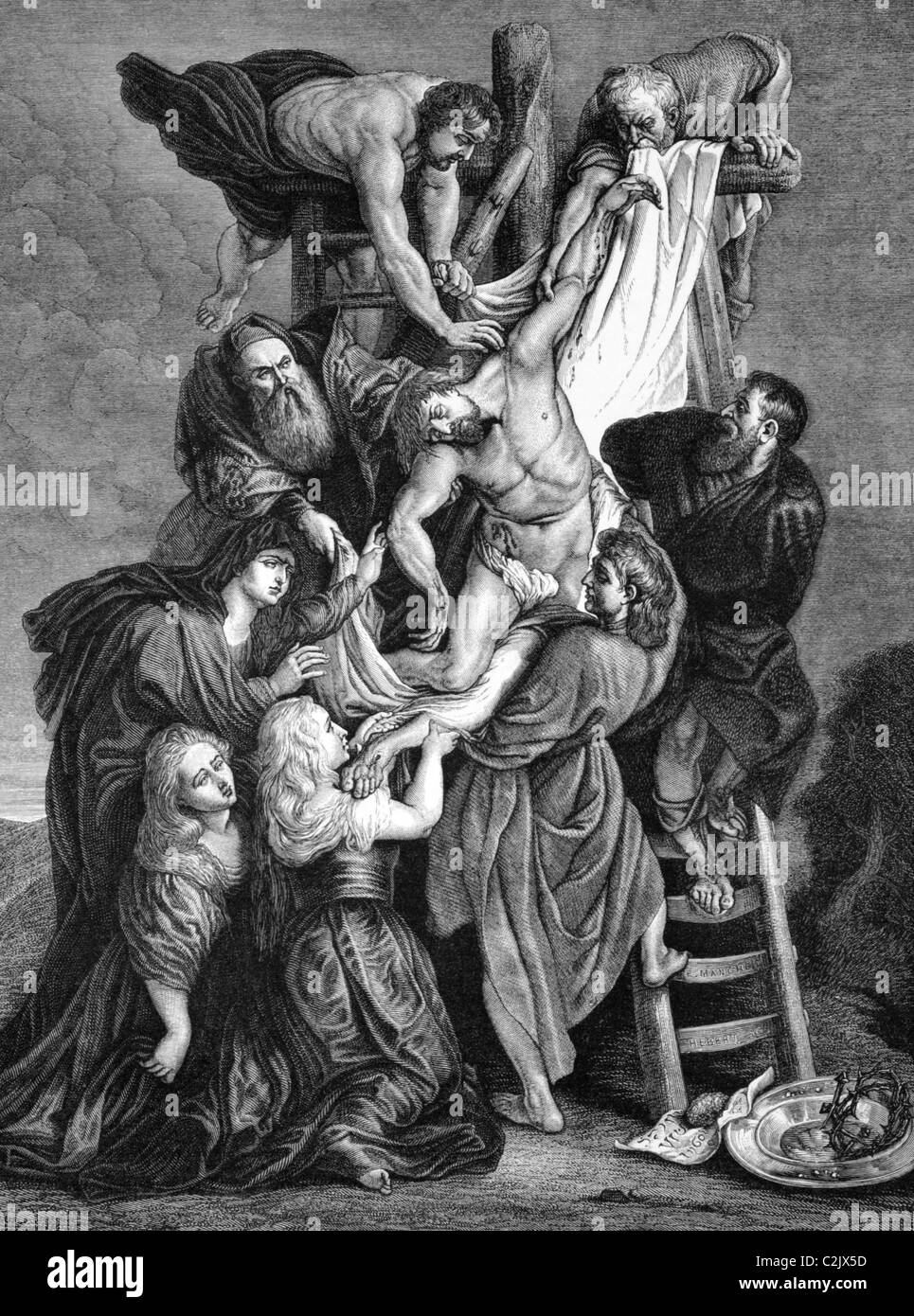 Die Kreuzabnahme Jesu auf Kupferstich aus dem Jahr 1840. Nach einem Gemälde von Rubens eingraviert. Stockfoto
