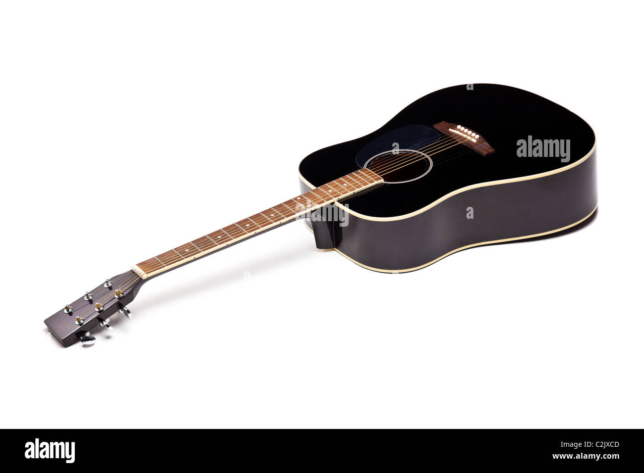 Eleganz, die schwarz glänzende Gitarre isoliert auf weißem Hintergrund Stockfoto