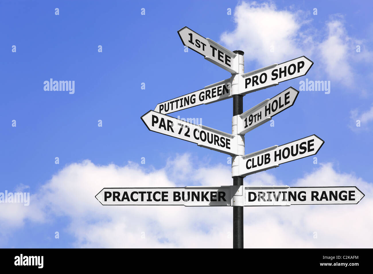 Konzept-Bild der Wegweiser mit Golfplatz Informationen auf die Pfeile. Stockfoto