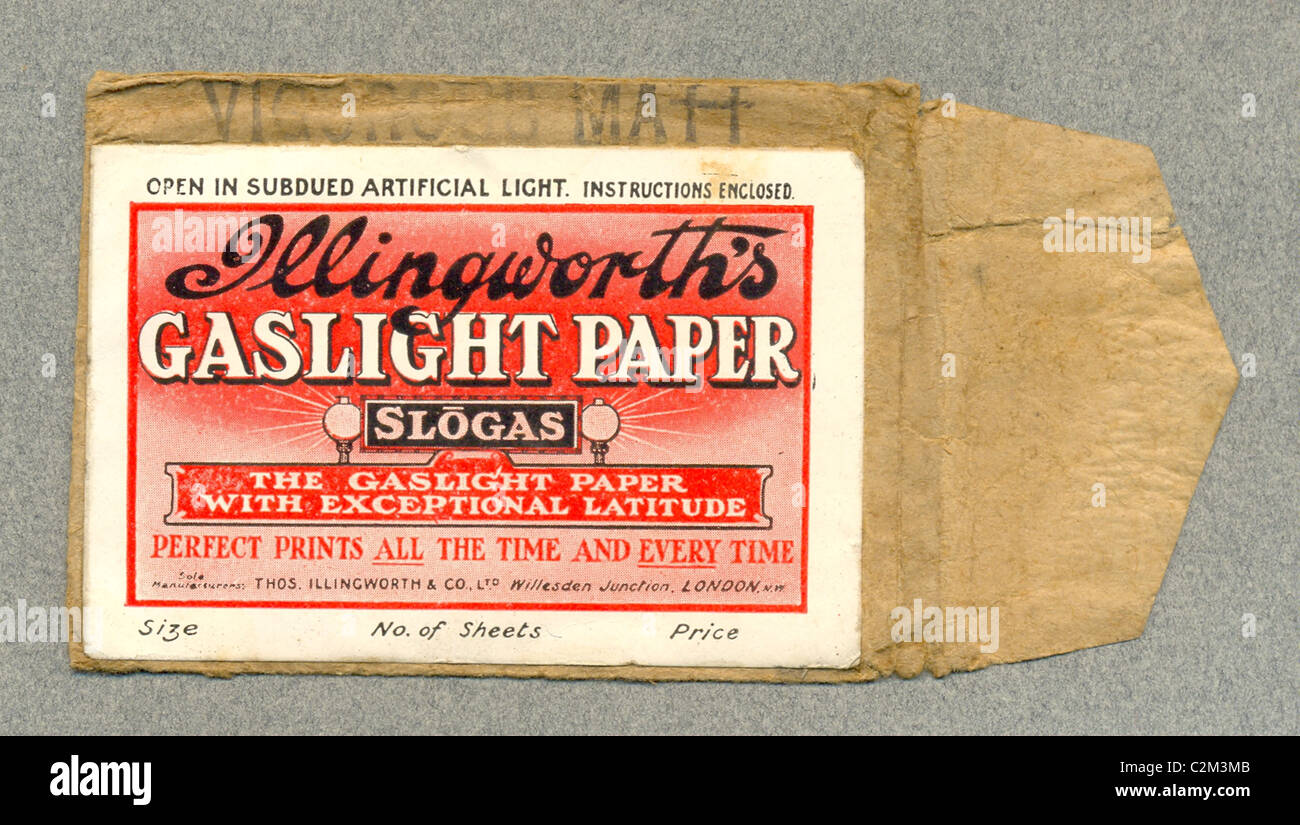 Bezeichnung für Illingworths Gaslight Papier Slogas. Stockfoto