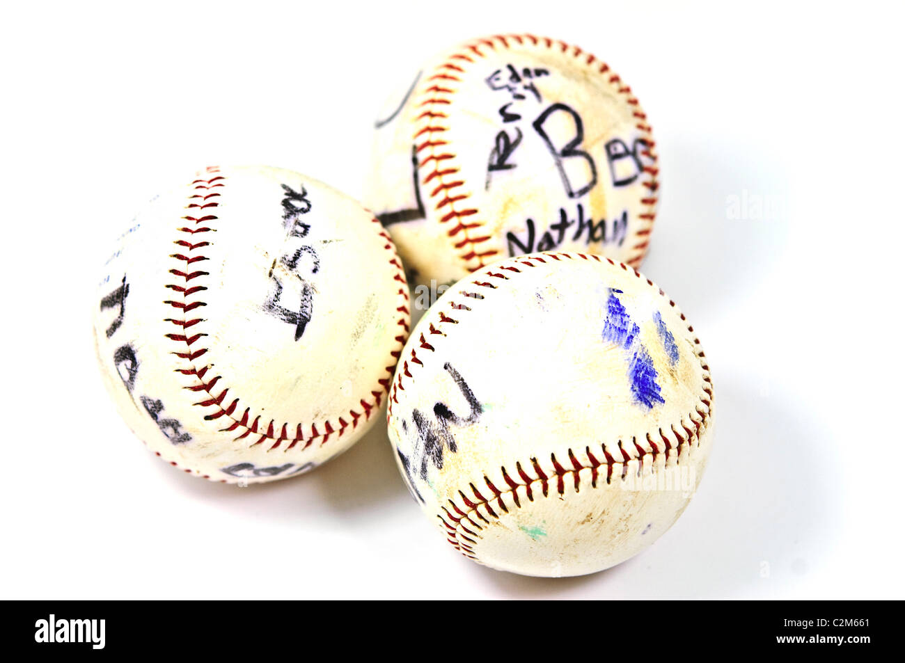 Baseballs aus Sammlung eines Kindes. Handsigniert von den Teammitgliedern. Stockfoto