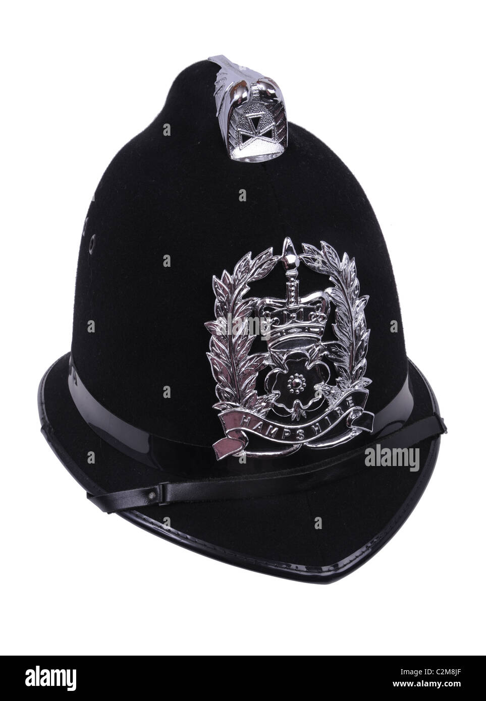 Ein britischer Polizist Depotbank Helm badged, Hampshire Constabulary. Stockfoto
