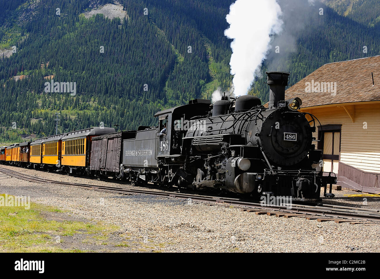 Eine Dampflok, Dampflokomotive auf der Eisenbahn Silverton Station, Colorado, USA. Stockfoto