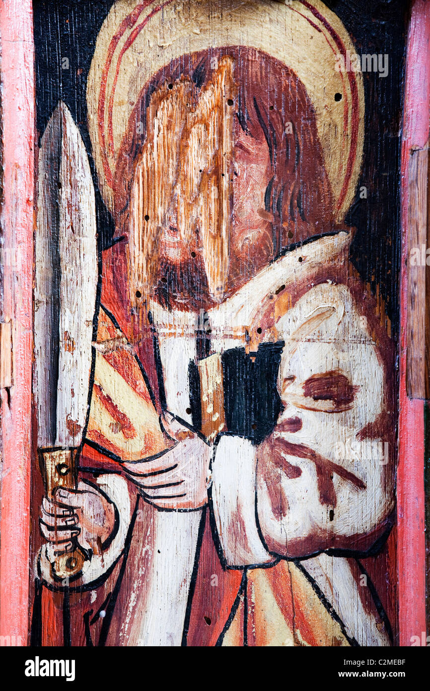 Figuren von Heiligen und anderen Heiligen Figuren mit den Gesichtern ausgekratzt während der Reformation im Jahre 1548, St Winifred Church, Stockfoto