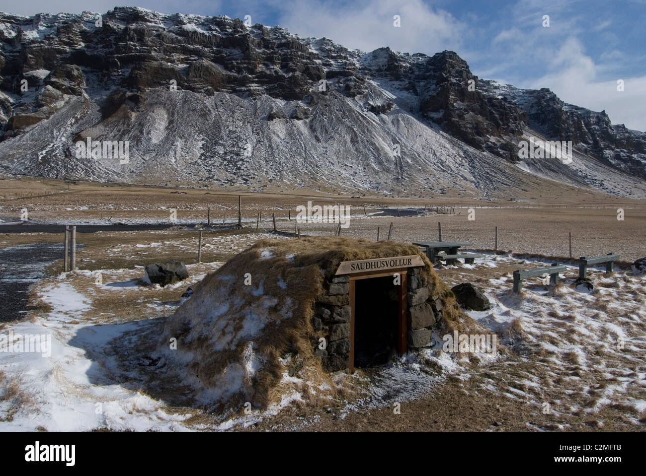 Saudhusvollur, traditioneller Bauernhof Unterkunft südlich von Eyjafjallajökull-Gletscher in der Nähe von Hvolsvöllur, Southern Island Stockfoto