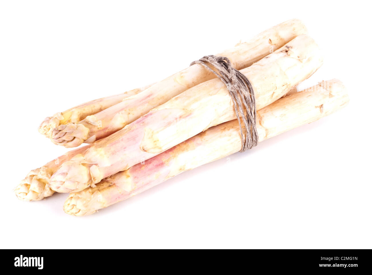 eine Reihe von weißen Spargel vor weißem Hintergrund Stockfoto