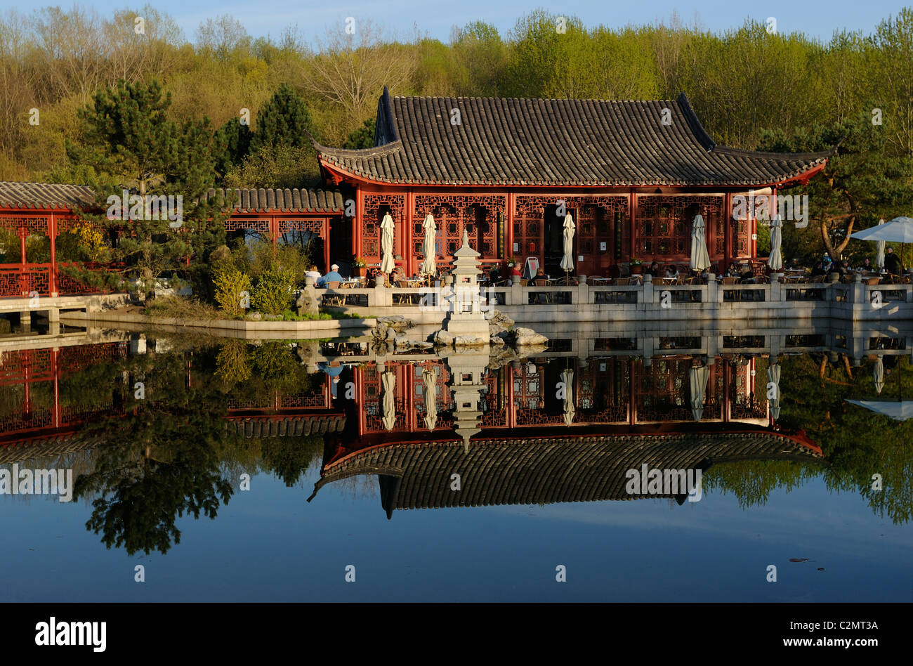 Teehaus im Frühjahr, "Der Mondgarten wiedererlangt", chinesischer Garten, Gärten der Welt, Volkspark Marzahn, Berlin, Deutschland. Stockfoto