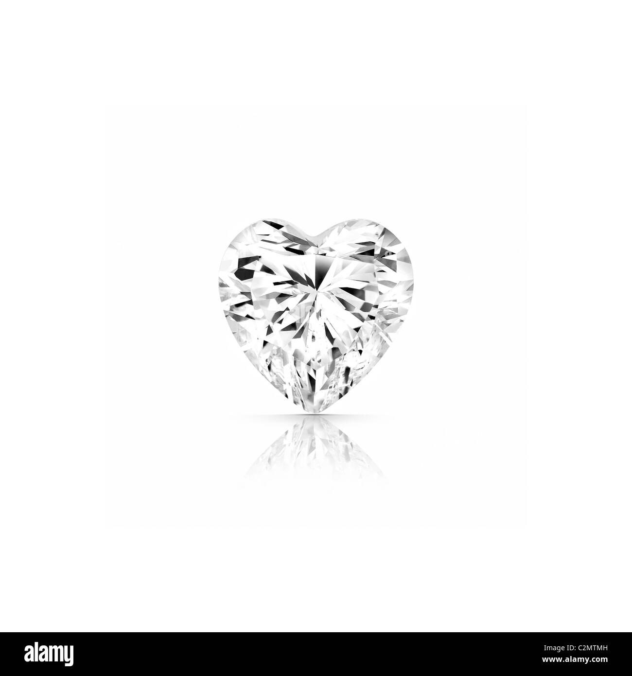 Herz geschnitten Graustufen Diamant isoliert auf weißem Hintergrund mit teilweiser Reflexion und Beschneidungspfade Stockfoto