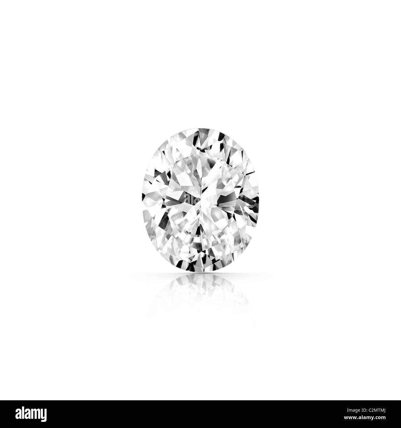 Oval geschnitten Graustufen Diamant isoliert auf weißem Hintergrund mit teilweiser Reflexion und Beschneidungspfade Stockfoto