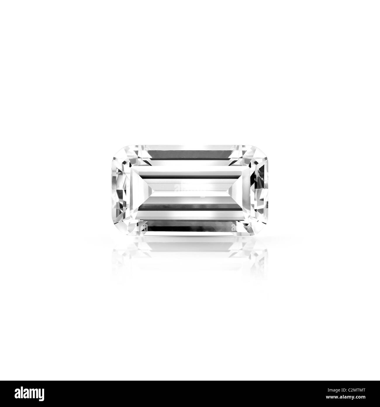 Baguette-Schliff Graustufen Diamant isoliert auf weißem Hintergrund mit teilweiser Reflexion und Beschneidungspfade Stockfoto