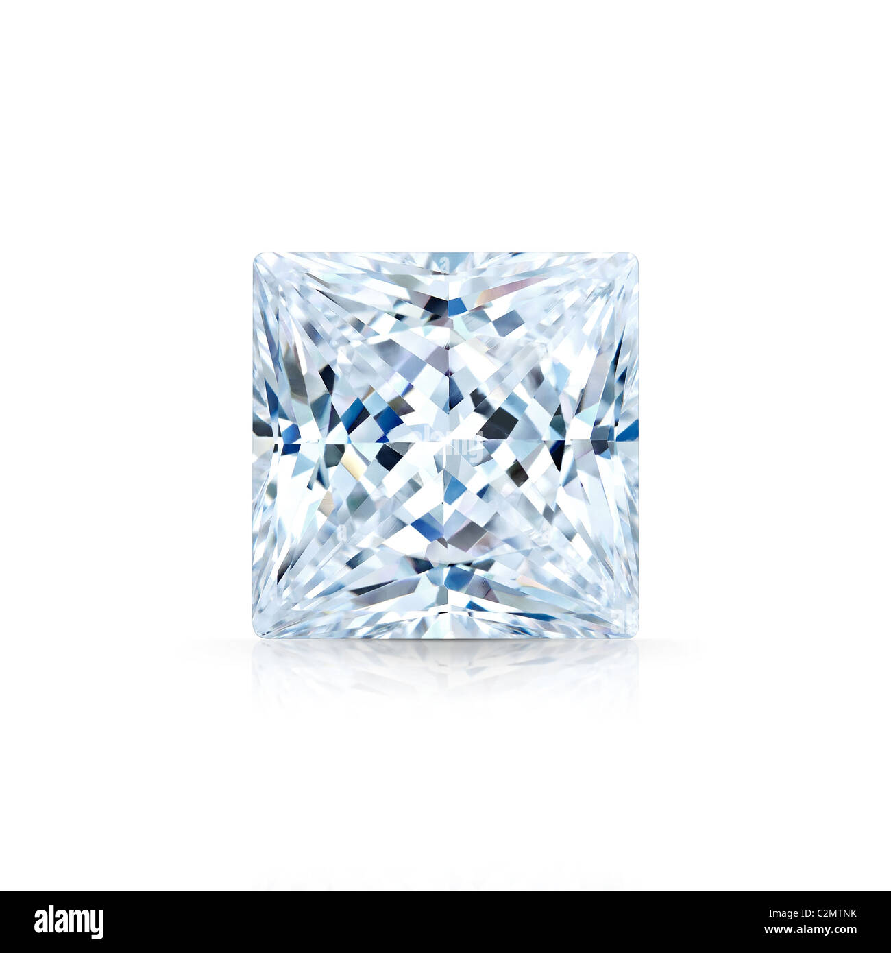 Prinzessin Schnitt Diamant isoliert vor weißem Hintergrund mit teilweiser Reflexion voll Beschneidungspfad Stockfoto