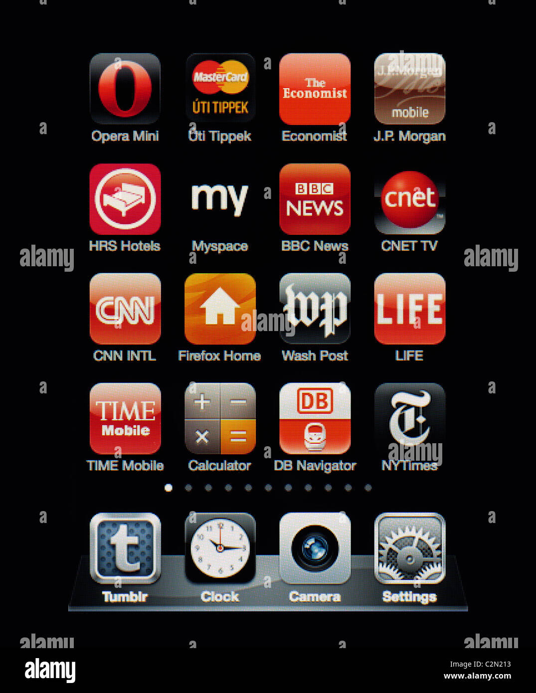 Bild von der Iphone-Touchscreen. Display zeigt eine Sammlung von nützlichen apps mit roten Farbschema. Stockfoto