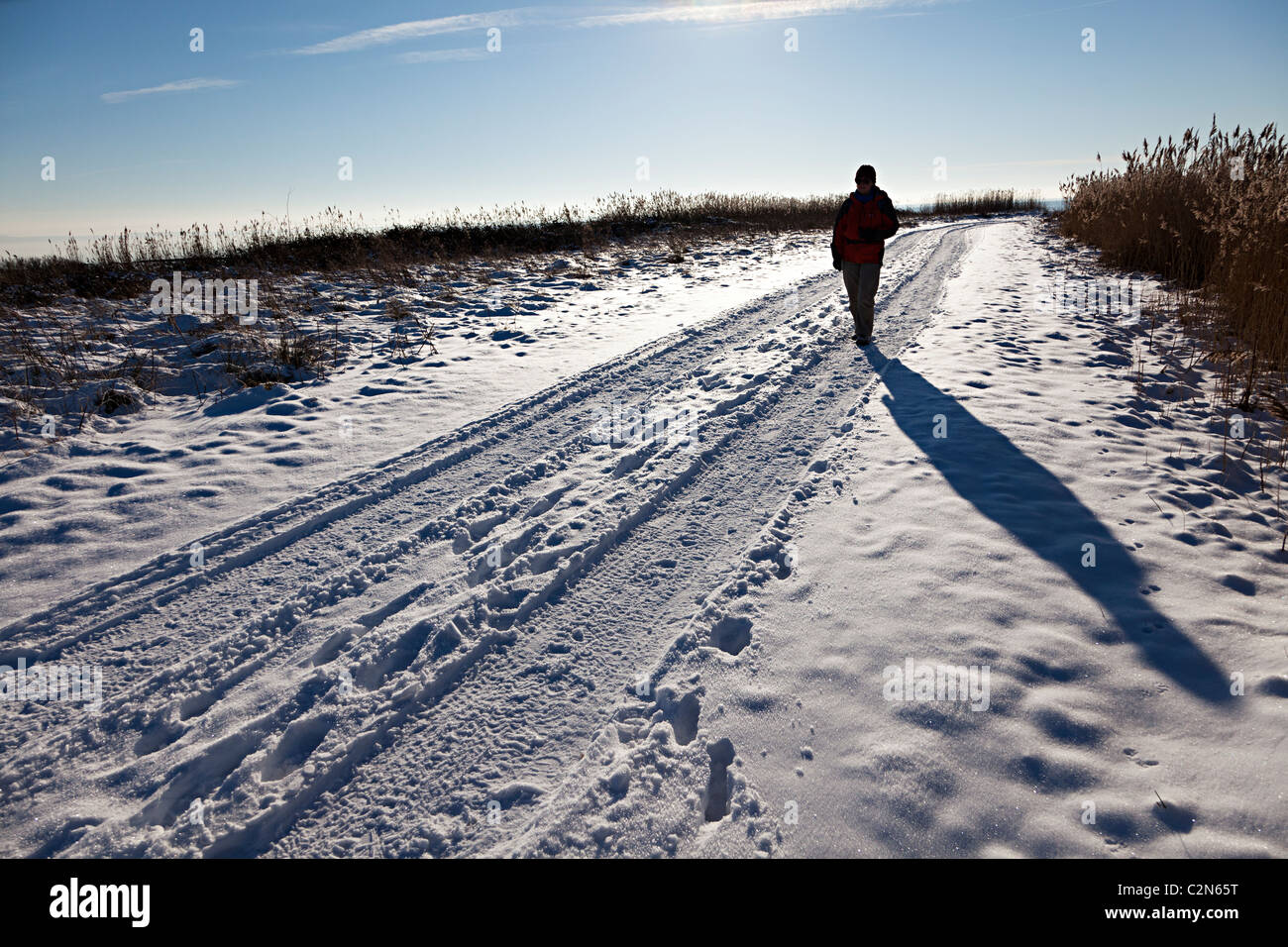 Silhouette der Frau zu Fuß im Schnee Newport Feuchtgebiete Wales UK Stockfoto