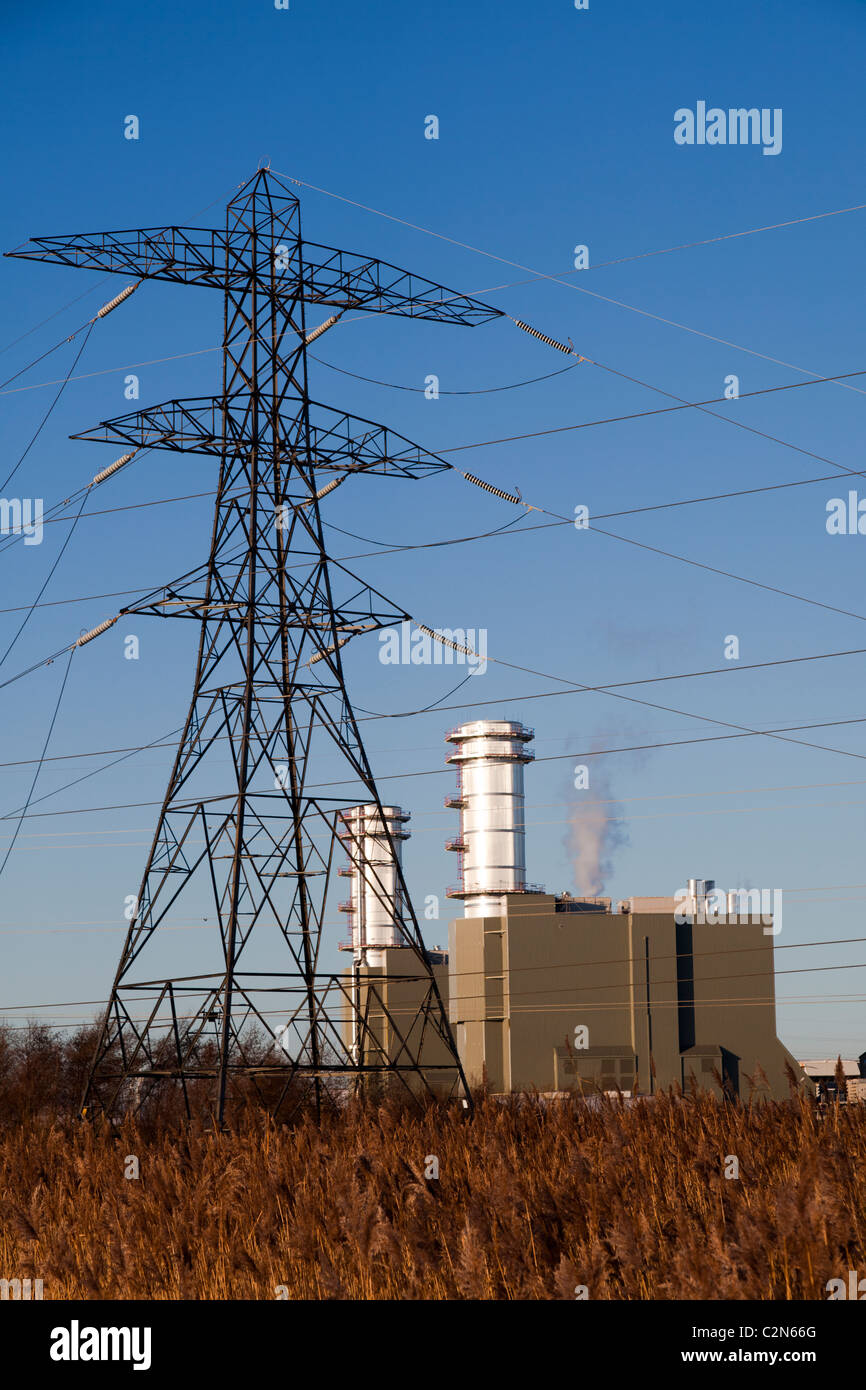 Pylon und Kraftwerk Newport Wales UK Stockfoto