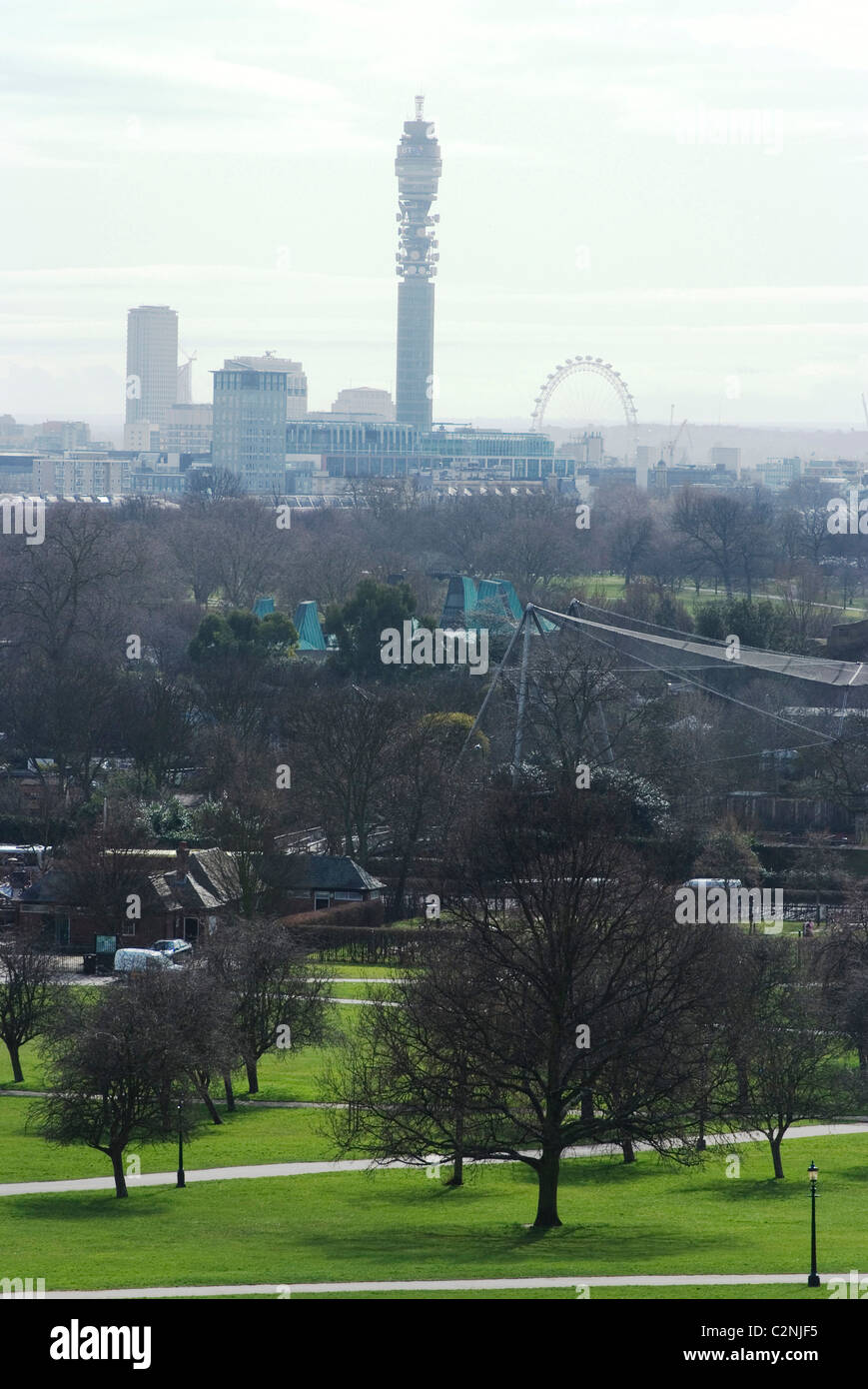 Blick auf die Stadt von Primrose Hill, Regents Park Zoo mit der Snowdon Aviary im Vordergrund, London, NW1, England Stockfoto