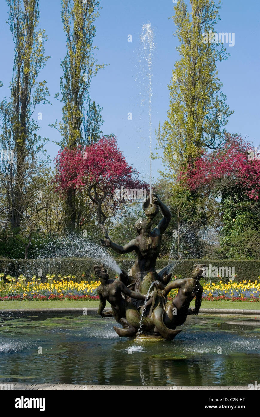 Triton-Brunnen mit Blume Hintergrund, Queen Mary Gardens, Regents Park, London NW1, England Stockfoto