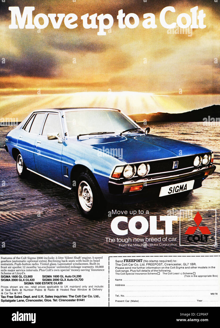Werbung für COLT Autos im Männer-Magazin ca. 1978 Stockfoto