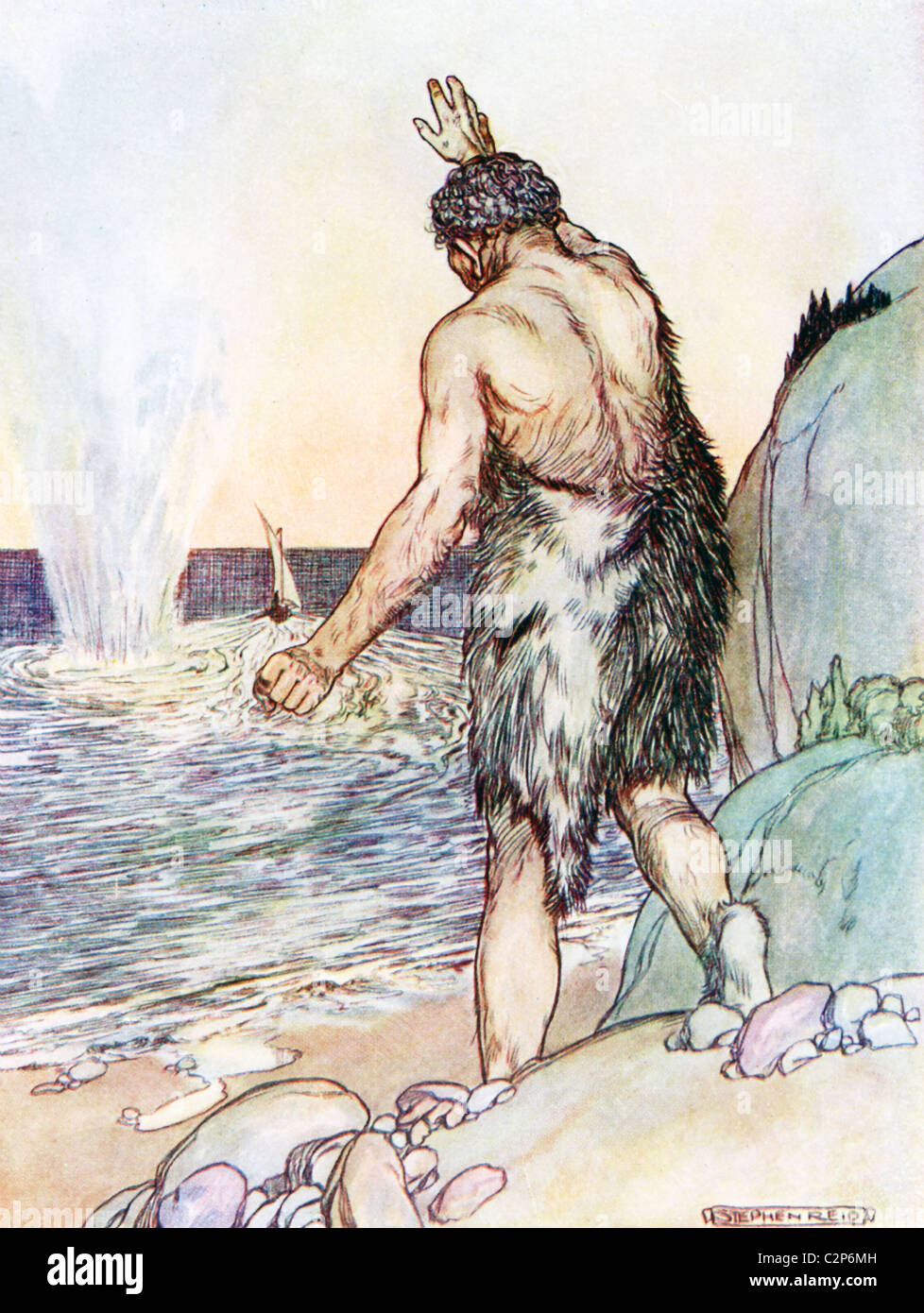 Als Polyphem Odysseus erkennt und seine Männer entgangen, er jagt sie und wirft Felsen auf ihrem Schiff entfernt. Stockfoto