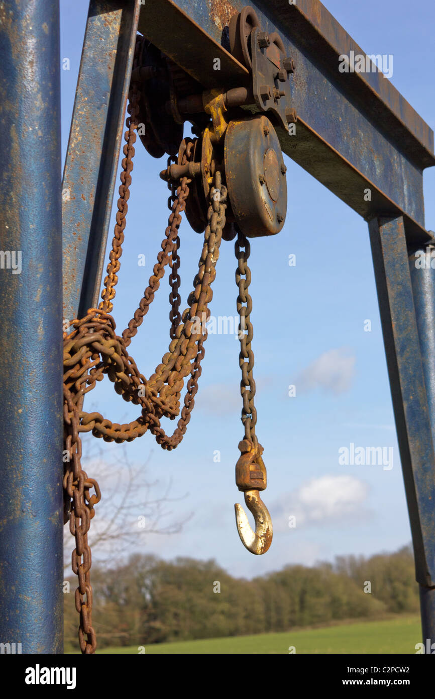 Aufhebung, Getriebe, Kette und Haken Stockfoto