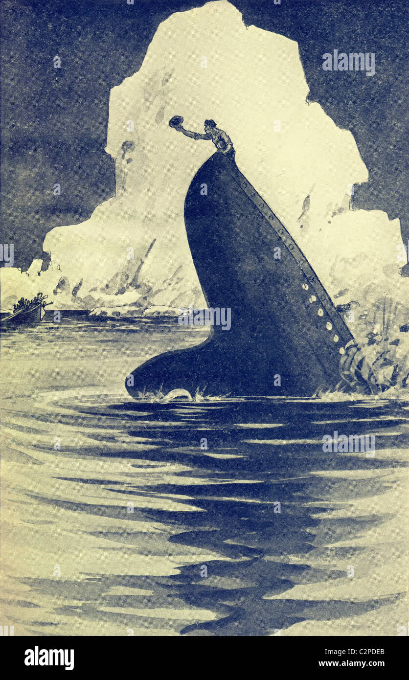 Abbildung: man am Heck des sinkenden RMS Titanic der White Star Line winken zu seiner Frau, als Sie entkommt in ein Rettungsboot. Stockfoto