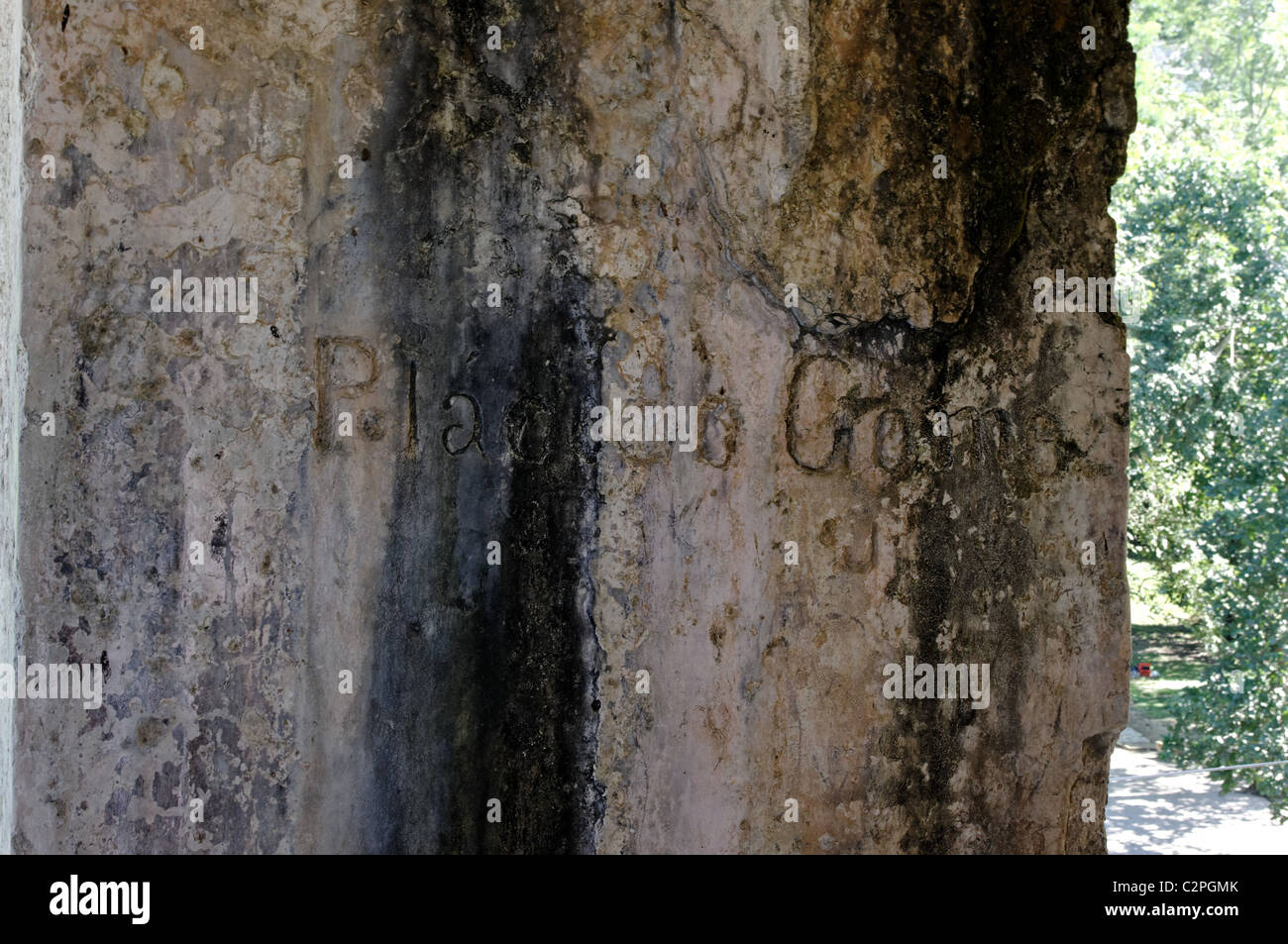 Alte spanische Graffiti gefunden in den Ruinen von Palenque, es 'Placido Gomez' liest. Stockfoto