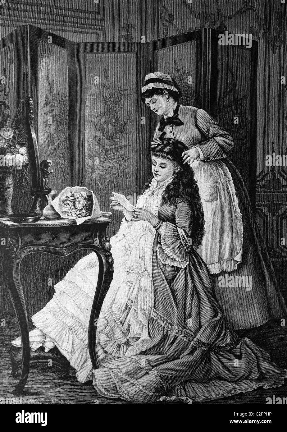 Eine Dame und ihr neugierig Zimmermädchen, historische Illustration über 1886 Stockfoto