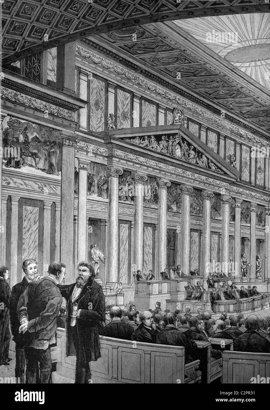 Konferenzsaal der Mitglieder des Parlaments in das österreichische Parlamentsgebäude, 1885, historische Illustration über 1886, Vie Stockfoto