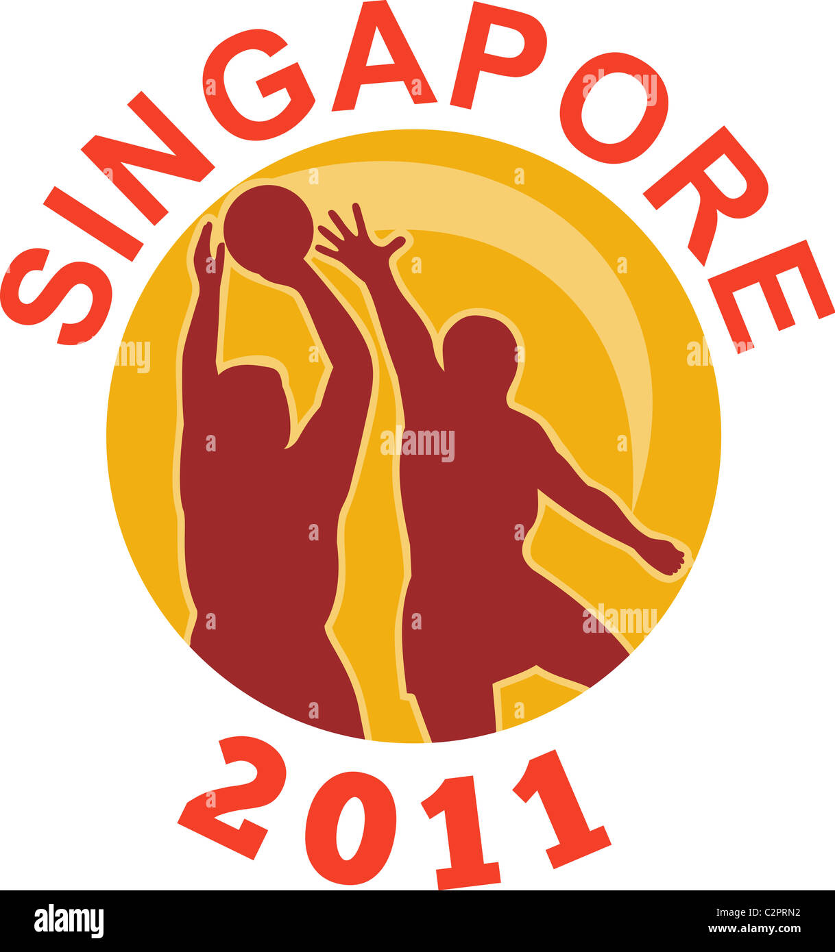 Abbildung eines Netball Spieler schießen Ball mit Kreis im Hintergrund und die Worte "Singapur 2011" Stockfoto