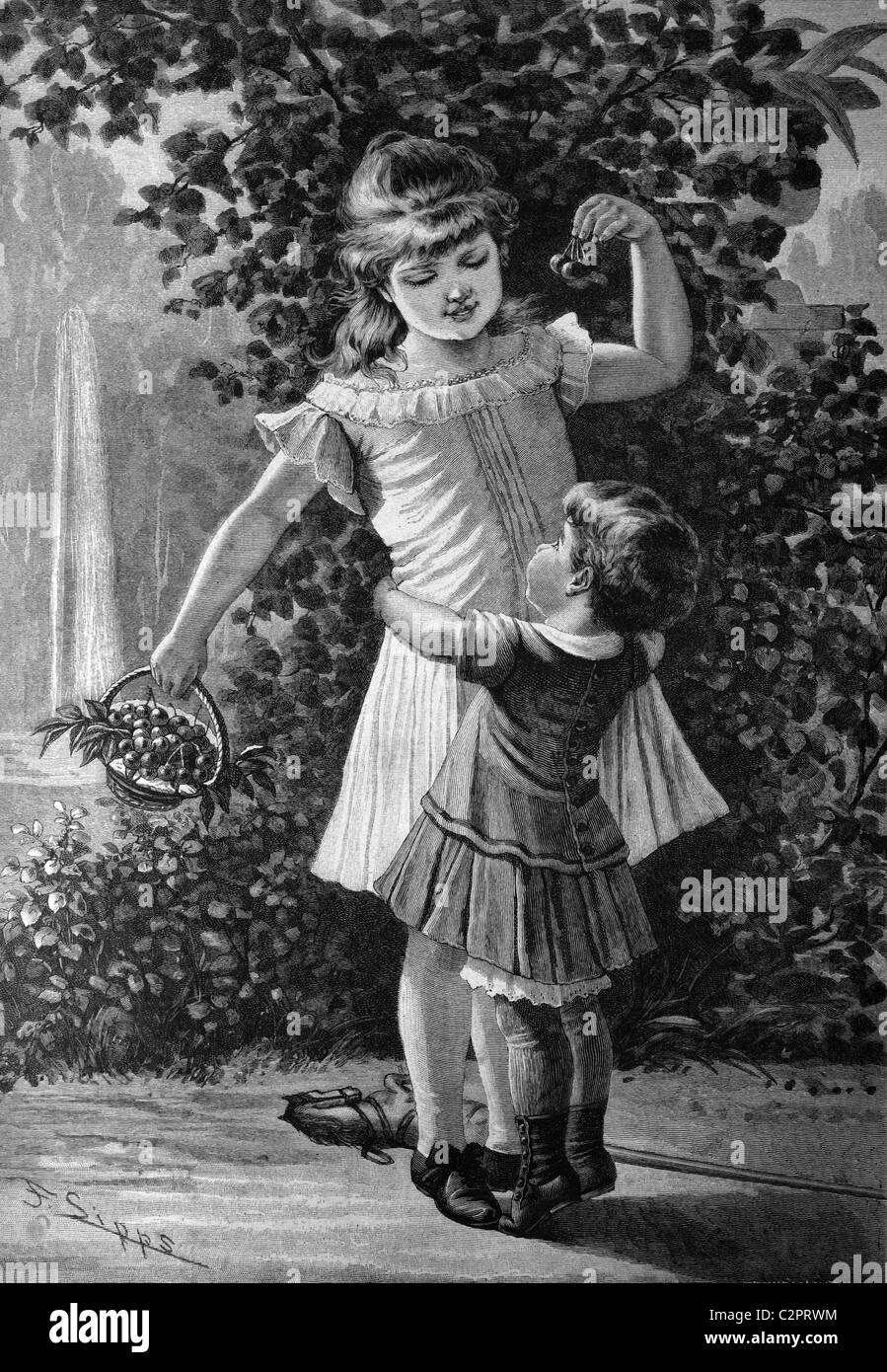 Kinder mit Kirschen, historische Abbildung, ca. 1886 Stockfoto