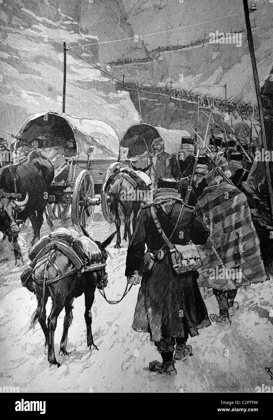 Die bulgarische Armee marschiert durch den Dragoman Pass, Bulgarien, historische Darstellung, um 1886 Stockfoto