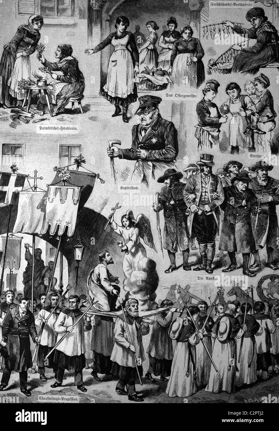 Szenen aus der Karwoche in München, historische Illustration über 1886, Bayern, Deutschland, Europa Stockfoto