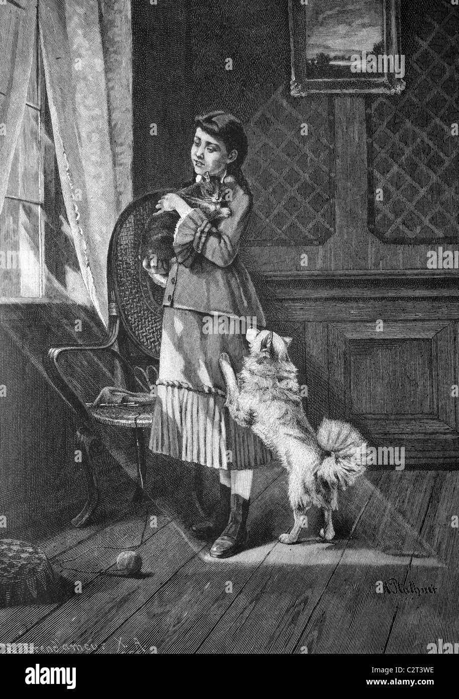 Kind mit Haustiere, historische Abbildung, ca. 1886 Stockfoto